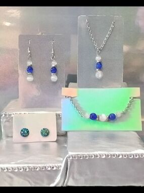 Blue and White Beaded Necklace and Earring Set - Women Jewelry